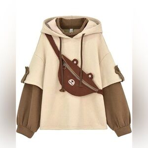 Brown Bear Hoodie Japanese Kawaii Style Hooded with zipper bag. Medium